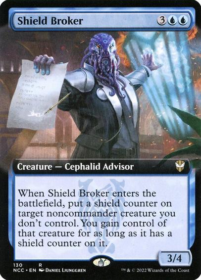 Card Name: Shield Broker
Set: New Capenna Commander
Description: When this creature enters, put a shield counter on target noncommander creature you don't control. You gain control of that creature for as long as it has a shield counter on it. (If it would be dealt damage or destroyed, remove a shield counter from it instead.)
Artist: Daniel Ljunggren