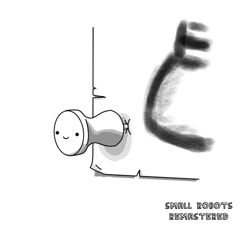 A robot in the form of a drawing pin / thumb tack - one of the ones with a long, sort of tapering, shaped plastic end - with a smiley face on the base. It's stuck into the corner of a piece of paper which is slightly dog-eared and which has a partially visible robot foot scrawled on it (probably Bigbot's).