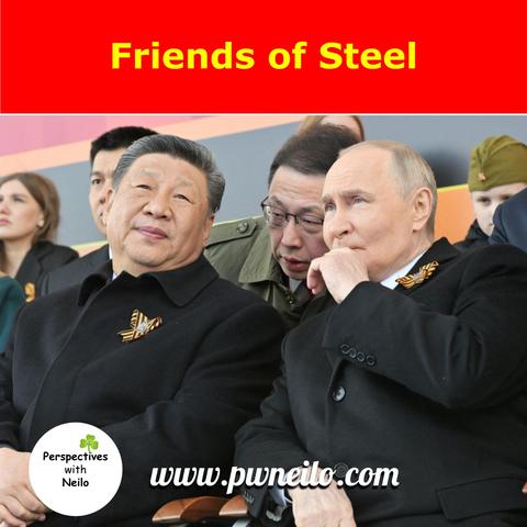 Guest of honor, Chinese leader Xi seated on the left with his host, Russian leader Vladimir Putin on the right oversees the Victory Day parade in Moscow on May 9th. A Chinese interpreter leans in from behind to help with communication.

Listen to our latest podcast at www.pwneilo.com or wherever you get your podcasts.
