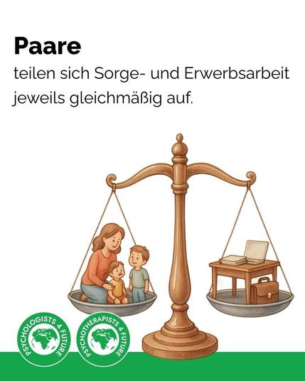 Eine Waagschale mit einer Frau und 2 Kindern, eine mit einem Schreibtisch.