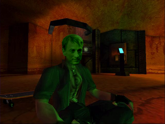 A screenshot from Prey's early development at 3D Realms, showing Talon listening to his grandfather by a fire. I've crudely replaced his face with Tony Hawk's and added a skateboard.