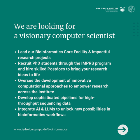 Main text of this sharepic: 

Lead our Bioinformatics Core Facility & impactful research projects
 
Recruit PhD students through the IMPRS program and hire skilled Postdocs to bring your research ideas to life

Oversee the development of innovative computational approaches to empower research across the institute

Develop sophisticated pipelines for high-throughput sequencing data

Integrate AI & LLMs to unlock new possibilities in bioinformatics workflows