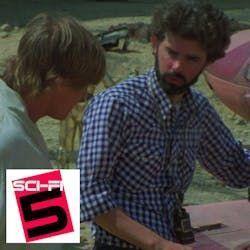 Title Card for the Sci-Fi 5 episode for May 14, 2021, about George Lucas. Features an image of George behind the scenes of the original Star Wars film. 
