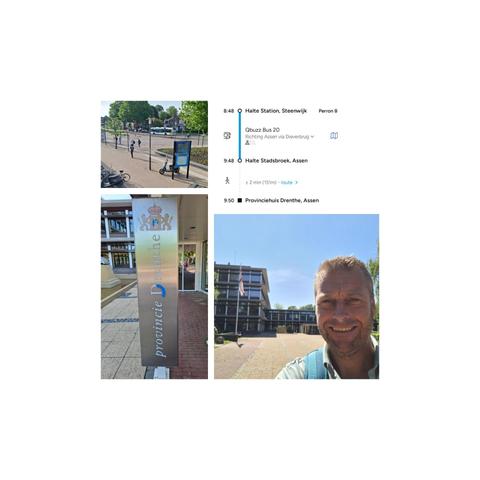 Vier foto's: busstation Steenwijk, reisplanner, toegangsbord provinciehuis Drenthe en een persoon met het provinciehuis op de achtergrond. 