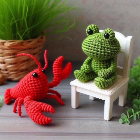 ①« Generated by BingImageCreator »
Photo ( Crocheted frog and crayfish), To the right of the image, a crocheted moss green frog sits on a small white doll's chair, and to the left of it, on the floor, a crocheted red crayfish is waving.
