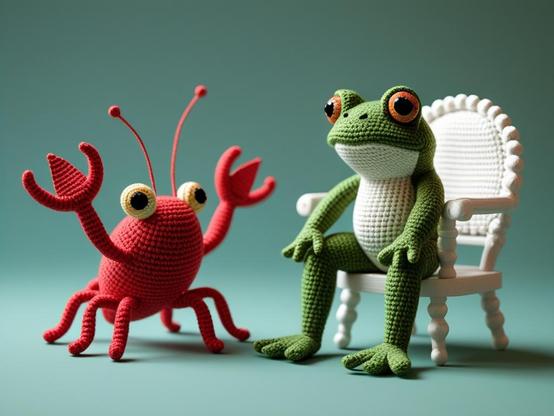 ③«Background image Generated by LeonardoDiffusion»
Photo ( Crocheted frog and crayfish), A crocheted moss green frog sits on a small, delicate white doll's chair to the right, while a vibrant red crocheted crayfish waves on the floor to the left, in a whimsical, folk-art style reminiscent of Beatrix Potter, with intricate textures and patterns, inspired by the colorful, playful aesthetics of artists like Camille Rose Garcia, Lisa Congdon, and Louise Bourgeois.