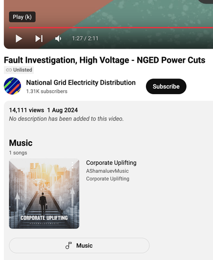 screenshot of a youtube video whose Music is a track called "Corporate Uplifting"
