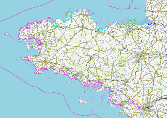 Carte de la Bretagne avec le tracé de la Vélo Maritime, la Littorale et arrivée sur Nantes