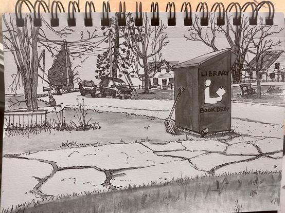  Pen and ink sketch of a walkway and Library drop off box in the foreground and a winding road and town park in the background