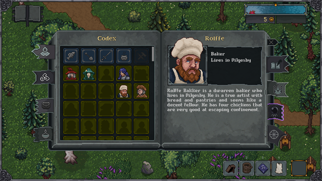 Screenshot from the game Daughter of Crone, showing the game Codex, with information about the NPCs.
