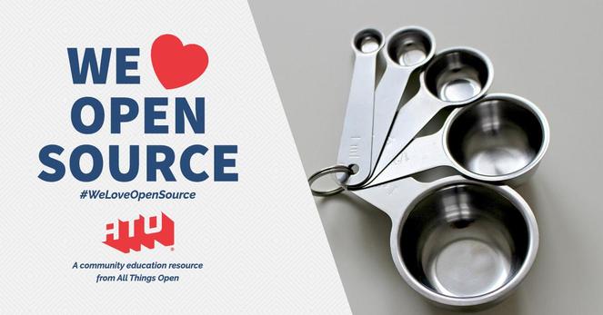 Left side says We Love Open Source. #WeLoveOpenSource. ATO. A community education resource from All Things Open. Right side has five silver measuring spoons.