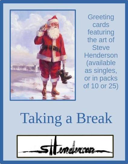 Greeting card of an original oil painting depicting Santa Claus standing on the beach, listening to a shell.