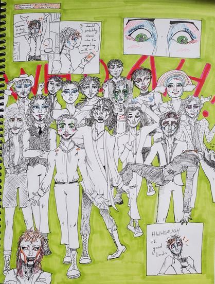 A comic, drawn in black and white on a lime green background. The first panel is Austin Tacious saying "Weeoo! A drag competition!" The second is him looking at a phone, saying "I should probably check who I'm competing with..." The third is just his eyes, looking surprised. To he middle of the page is a drawing of all seventeen other competitors looking intimidating, with the word "WHOAH" in the background. The fourth panel is Austin gasping and saying "HWHOUGH oh good Lord!"