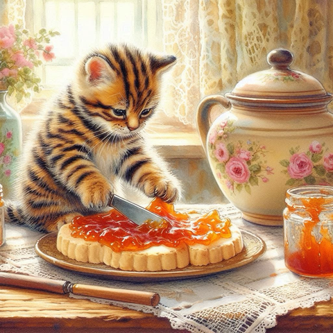 朝日が差し込む英国風カントリーハウスで、茶トラの子猫が真剣な表情で木製テーブルの上のビスケットにマーマレードを塗っている。