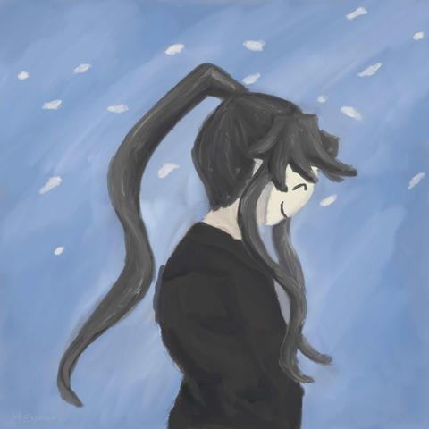 Digital painting of Wu Ming. The background is light blue and has white petals floating around. Wu Ming is on profile looking to his right, head slightly tilted down, and wearing his smiling mask. He is wearing a black robe and his high ponytail.