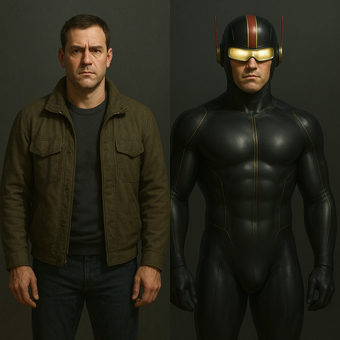AI-generated image, left, a man in street clothes, right, a similar-looking man in a black costume and red-striped helmet with visor and antennas