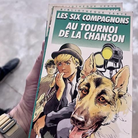 Je tiens dans ma main un exemplaire « vintage » des « Six compagnons au tournoi de la chanson ». Le titre est écrit sur une en-tête verte dans un style « année 80 ». Les personnages sont dessinés à la façon d’une bande dessinée adolescente. Au premier plan un berger allemand a l’air sympathique mais blasé. Derrière lui un ou une adolescent-e revêt un chapeau melon, iel se ronge les ongles. Iel semble avoir le trac. Un troisième personnage tenant une guitare électrique observe depuis ce qu’on comprend être les coulisses grâce a un projecteur de théâtre placé en dessus. 