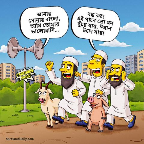 "ওরে বন্ধ কর এই গান! 
এই গানে তো মন ছুঁয়ে যায়, ঈমান টলে যায়!"

#CartunusDaily #Bangladesh #Bangladeshi #politicalcartoons #BangladeshCrisis #freedomofspeech #DrYunus #dryunusgovt #YunusRegime #yunusgovernment #dryunusagainstjournalists #nationalanthem #RabindranathTagore #AmarSonarBangla
#কার্টুনুসডেইলি