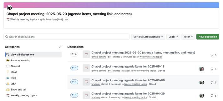 Screenshot of the linked page showing several Chapel project meeting topics.