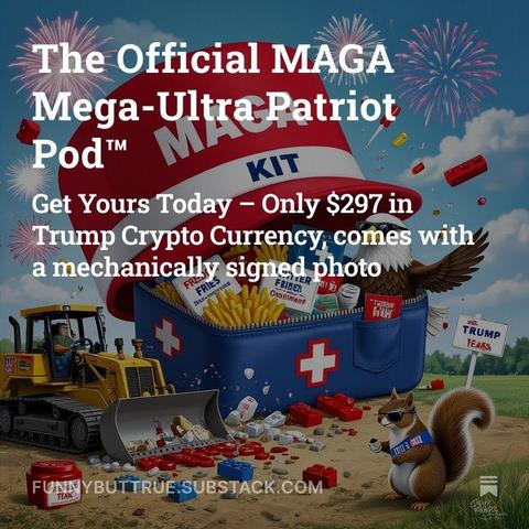 A colorful, cartoon-style illustration depicts a large red hat labeled "MAGA KIT" sitting atop an oversized blue first aid box with a white cross on it. The box is filled with satirical items like “Freedom Fries,” “Twitter Fries,” “Contaminant,” and a “TRUMP-GUM” container. A bald eagle wearing sunglasses and holding a “TRUTH GUY” cup perches on the box. Nearby, a squirrel also wearing sunglasses and a "TRUTH BELT" stands on the ground next to red and blue toy building blocks. A bulldozer marked “55.5 Gallant Teak” is pushing over leftist symbols and toys. In the background, fireworks explode in the sky, and a small sign reads “TRUMP TEARS.” The overall tone is satirical and heavily political, with exaggerated patriotic imagery and parody references.