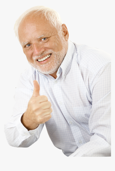 Meme Bild vom älteren griechischen Mann, der auf Bildern immer wirkt, als ob er hinter einer fröhlichen Fassade alles andere als fröhlich ist.