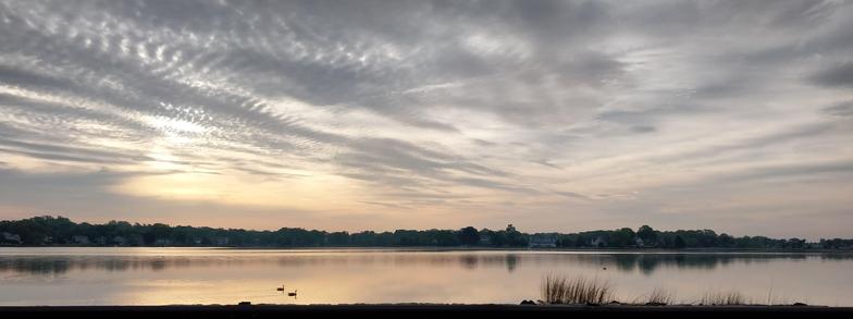 Sunrise through lace like grey clouds over water, with reflection and 2 dark silhouettes of Canada Geese floating at bottom of image