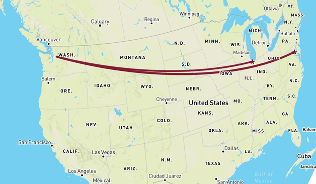 A very scaled-out map, showing that the closest Prets to Seattle are in either Chicago or Washington DC.