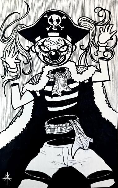 ilustración en tinta y papel de Buggy el payaso, personaje del anime y manga One Piece