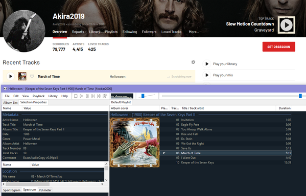 Captura de pantalla de mi perfil de Last.fm y del programa foobar2000 reproduciendo la canción March of Time de Helloween. 
El perfil de last.fm se llama Akira2019. 