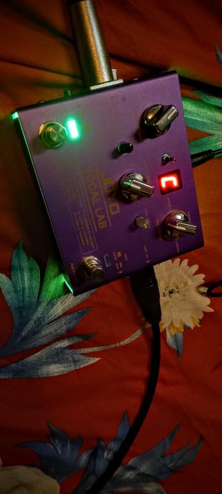 The photograph shows a purple pedal labeled "JOYO VOCAL LAB" placed on a red fabric with a floral pattern. The pedal has several controls, including four knobs and two footswitches, with two green LEDs  and a red LED display in the center. The knobs are silver with green highlights, and the footswitches are stainless steel. The pedal is connected to a power cable, and there is a metal XLR out jack at the left, also a metal XLR input Jack at the right. The background features a red fabric with blue and white floral designs