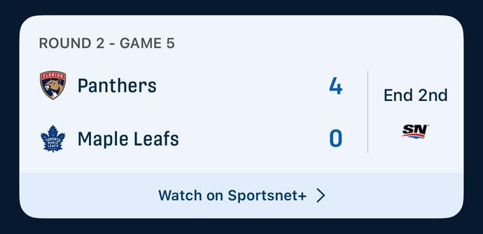 ROUND 2 - GAME 5

Panthers		4
Maple Leafs	0

End 2nd