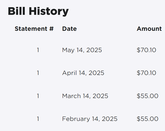 Monthly billing history. February and March billed for $55, while April and May billed for $70.10.