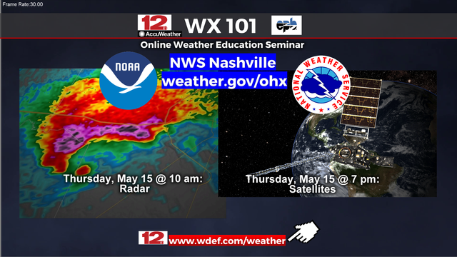 Two opportunities to learn about the science of weather courtesy @NWSNashville. At 10 AM CDT today, all about radar. Tonight, at 7 PM CDT, all about satellites. Head to https://www.weather.gov/ohx/weather101 for registration and details about the #Weather101 program. 
