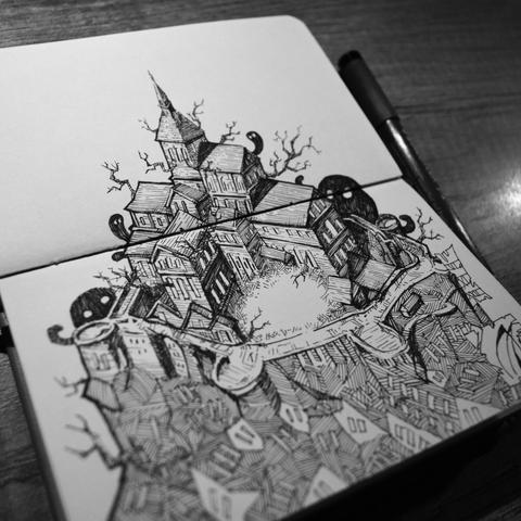 Dessin dans un petit carnet représentant une cité fortifiée habitée par de sombres créatures