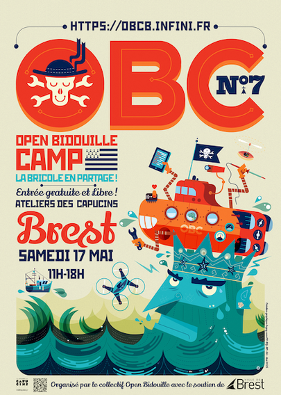 Affiche de l'Open Bidouille qui représente un Neptune coloré qui sort de l'eau avec un sous-marin pirate de la bidouille sur la tête