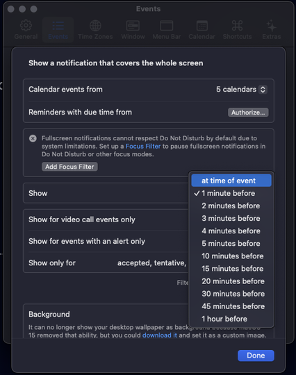 Screenshot of Dato’s settings for the full-screen meeting reminder selection of the time before the event. 