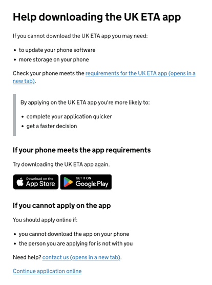 Screenshot of a page titled "Help downloading the UK ETA app" with a link at the very end: "Continue application online"