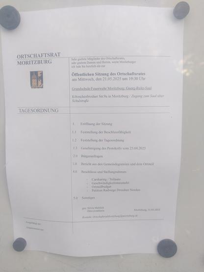 Aushang für Ortschaftsrat Moritzburg