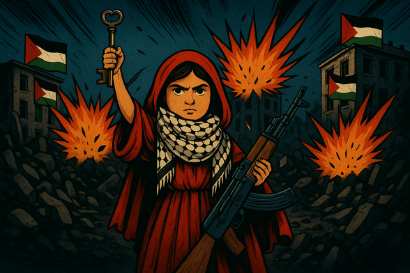 Ilustración de estilo cómic que muestra a una niña vestida como Caperucita Roja Palestina en medio de un paisaje de guerra y destrucción en Gaza. La niña sostiene con firmeza un fusil AK-47 en una mano y una gran llave antigua en la otra, alzada hacia el cielo. Tiene el rostro serio y desafiante. A su alrededor, hay explosiones naranjas brillantes y edificios en ruinas y banderas palestinas. La imagen transmite una mezcla de inocencia infantil y resistencia armada en un contexto bélico.