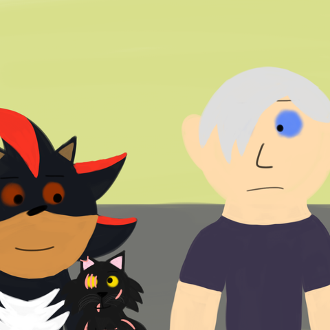 Drawing of Alice looking at Shadow happily and Shadow looks at Alice with a smile meanwhile Liam is looking in disbelief at Alice