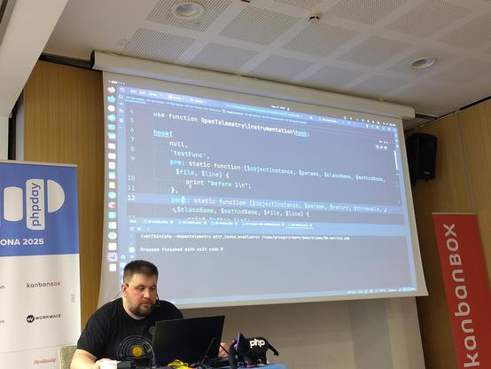 Conference slide: shows a `hook()` method of the OpenTelemetry extension, used to inject code before/after any function or method
