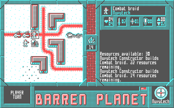 Constructors build a couple of Combat Droids in the second battle of The Polar Expedition. Combat Droids are excellent for occupying buildings and sniping at passing enemy units. They are the same unit as that used in the First Landing campaign supplied with Barren Planet.