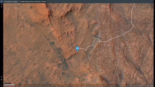 A map showcasing the position and path of the Mars rover Curiosity