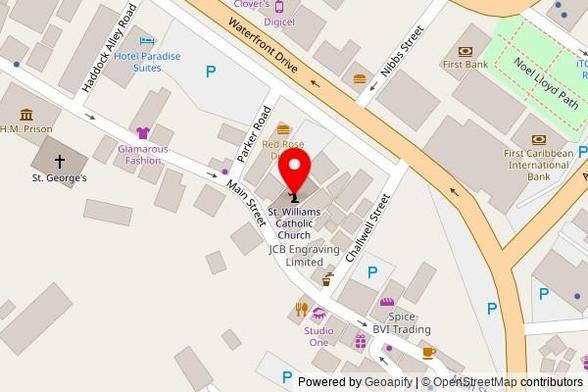 A zoomed out map with a pin at the position of St. Williams Catholic Church, 143 Main Street, Road Town, British Virgin Islands, VG1110