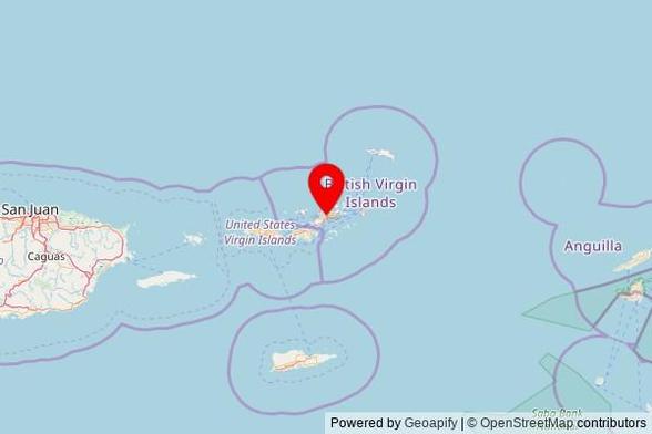 A map showing the area of Road Town with a pin at the position of St. Williams Catholic Church, 143 Main Street, Road Town, British Virgin Islands, VG1110