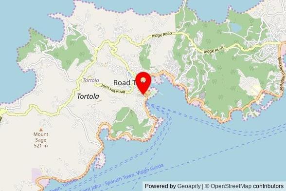 A partially zoomed out map with a pin at the position of St. Williams Catholic Church, 143 Main Street, Road Town, British Virgin Islands, VG1110