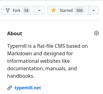 Screenshot of Typemill with 500 Stars on GitHub