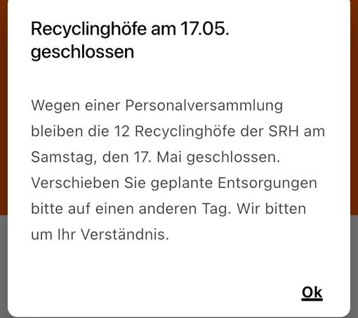 Screenshot: Am 17.5 bleiben die Höfe wegen einer Personalversammlung geschlossen.