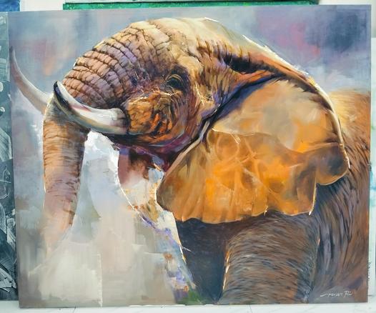 a painting  of a male elephant, golden-brown,  the  front half of it, facing left, raising its trunk up, dust billowing up  around it 