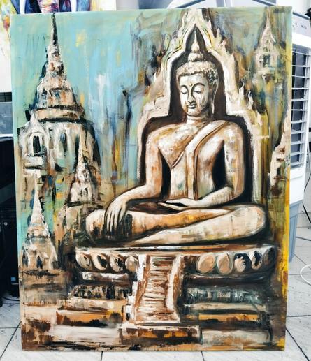 a painting of a temple complex, there is a giant stone buddha with stairs leading up to it, the buddha is seated, it is done in an impressionist style 